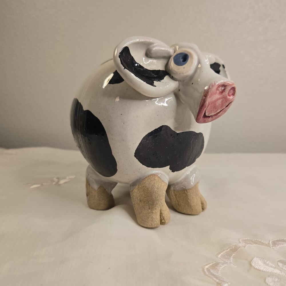 Vintage Holstien Cow Piggy Bank Pottery Art Farmhouse Decor - Picture 9 of 11